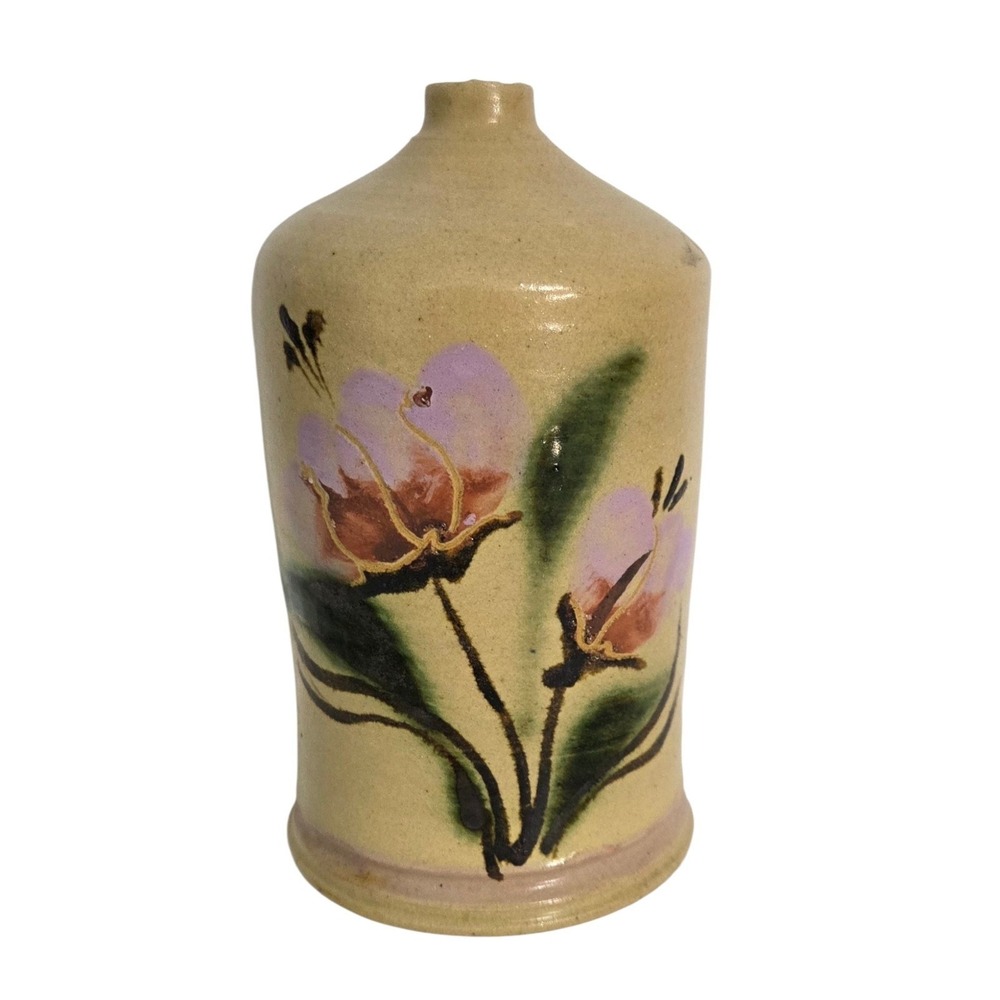 Vintage Pottery Bud Vase Handpainted Iris Flowers Signed Marked Earth Tones‎